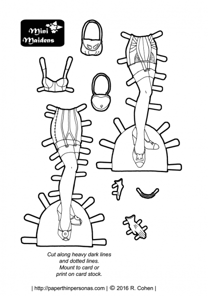 Black and white printable paper doll coloring sheet with 1940s underwear, shoes, purses and other accessories for the Min-Maiden paper doll series. Free to print and color from paperthinpersonas.com