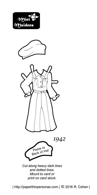 A 1940's paper doll dress with matching beret in black and white for coloring. The dress is based on a 1942 DuBarry pattern design and fits the Mini-Maiden paper doll series.