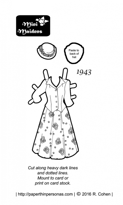 A smart 1943 dress for my 1940s printable paper doll, Hazel. It's free to print and color from paperthinpersonas.com.