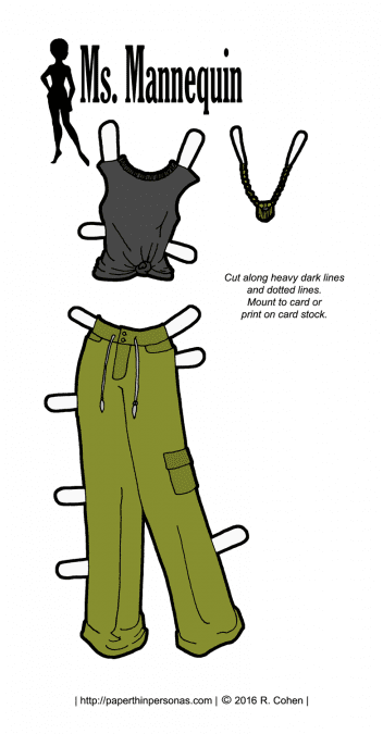 A paper doll outfit inspired by hip-hop fashions for the Ms. Mannequin paper doll series. It's also available in black and white for coloring.