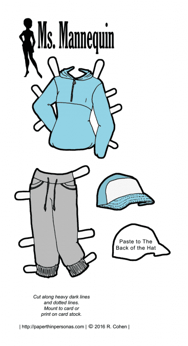 A paper doll outfit inspired by hip-hop fashions featuring a blue windbreaker and baseball cap. Free to print in black and white or color from paperthinpersonas.com