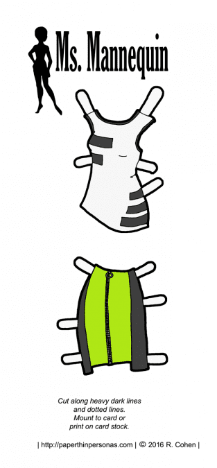 A hip -hop fashion inspired paper doll outfit for the Ms. Mannequin series. Part of a week of hip-hop paper doll fashions. Free from paperthinpersonas.com in black and white or color.