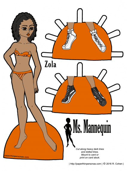 Zola, a black paper doll, is a model for the Ms Mannequin series. She has curly hair and two pairs of tennis shoes.