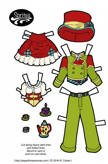 Two paper doll outfits- one for Alice consisting of a red and white skirt and a yellow corset over a white blouse. and one for the Mad Hatter consisting of a pea-green suit, red top hat and purple and blue vest. 