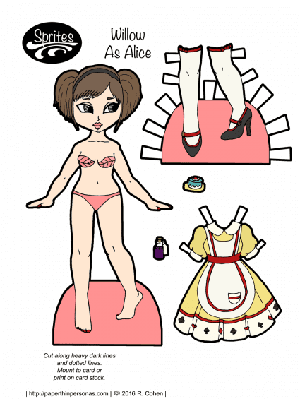 An Alice paper doll with a yellow dress in color and black and white for coloring. Free to print from paperthinpersonas.com.