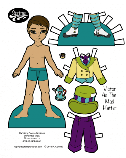 A Mad Hatter paper doll with a three piece suit and shoes. He'd available in color and black and white. Free to print. 