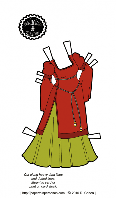 An autumnal fantasy gown with a belt decorated in beads for my curvy printable paper doll series called Bodacious and Buxom. Also available in black and white for coloring.