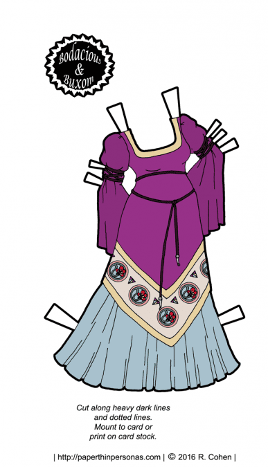 Purple medieval fantasy paper doll dress with a black belt and floral detailing. Free to print from paperthinpersonas.com