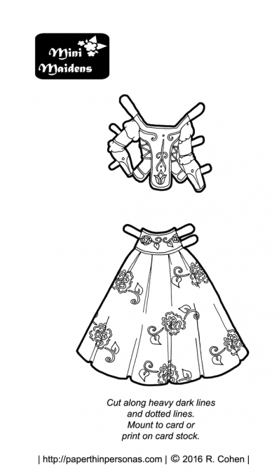 A folk costume inspired fantasy paper doll outfit in black and white for coloring. Designed to fit the Mini-Maiden paper doll series.