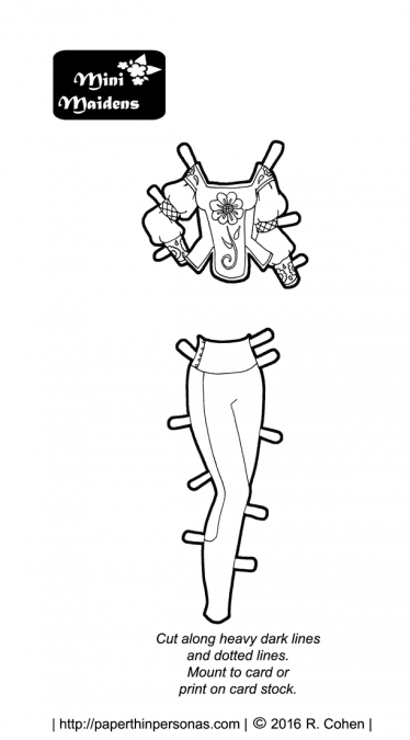 A folkloric fantasy printable paper doll outfit for the Mini-Maiden paper doll series featuring a blouse and leggings. Free to print from paperthinpersonas.com.