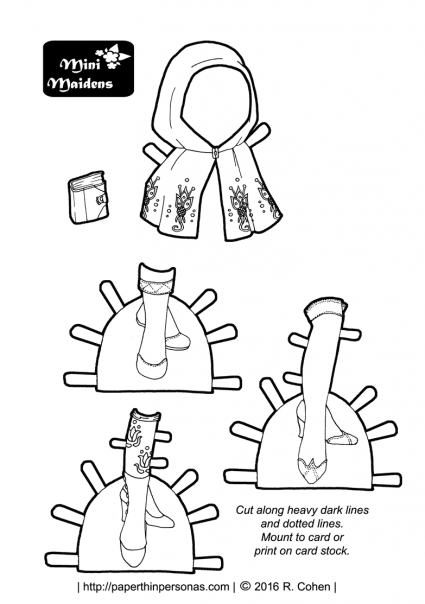 Three pairs of printable paper doll shoes, a cape and a book for the Mini-Maiden paper doll series for coloring