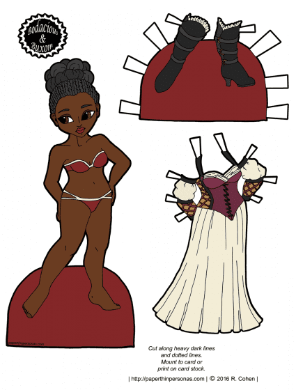 A brown skinned fantasy paper doll to print with some dark rockin' boots and an elegant gown. Free from paperthinpersonas.com.