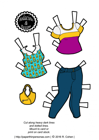 Paper doll clothing pieces- two tops, a purse and a pair of skinny jeans. Designed for the Bodacious & Buxom series.