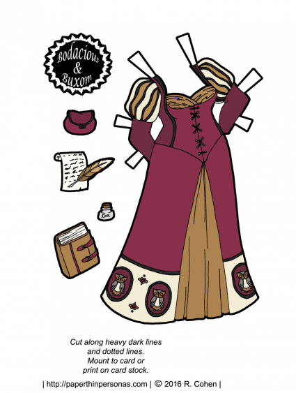 A fantasy paper doll gown featuring owls and puffy sleeves and trim and things. Free to print from paperthinpersonas.com.