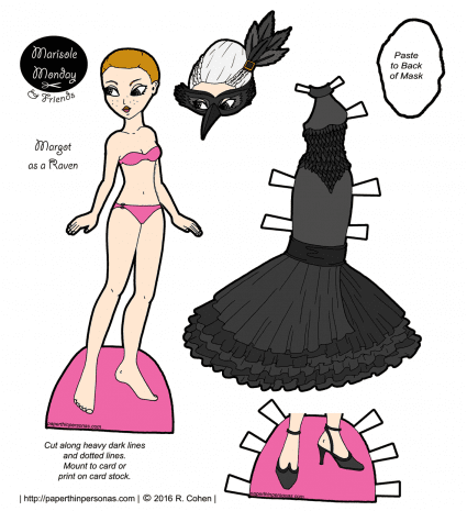 An elegant Raven inspired masquerade costume for a paper doll with matching shoes and a mask and wig.