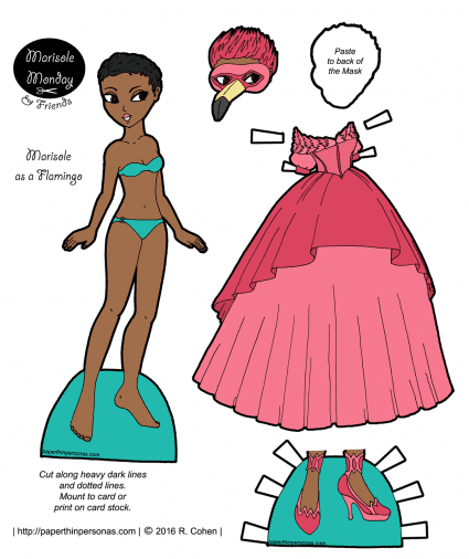 A paper doll masquerade ballgown based on a flamingo available in black and white or in color from paperthinpersonas.com
