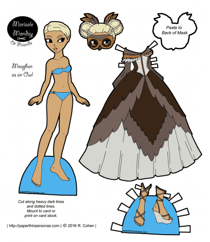 An owl masquerade dress for Meaghan of the Marisole Monday & Friend's paper doll series. Free to print from paperthinpersonas.com.