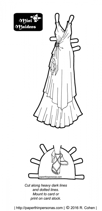 A 1930s inspired printable paper doll evening gown with strappy formal shoes in black and white for coloring. Free to print from paperthinpersonas.com
