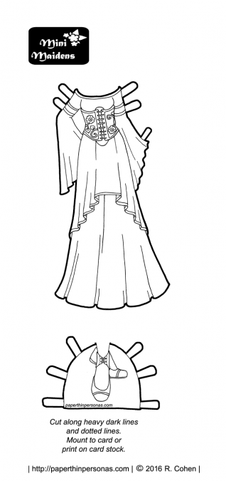 A black and white fantasy gown design to color from the Mini-Maidens. Free to print and color from paperthinpersonas.com