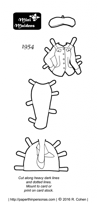 A retro suit design from 1954 for the Mini-Maidens paper doll series along with slingback shoes and a beret.