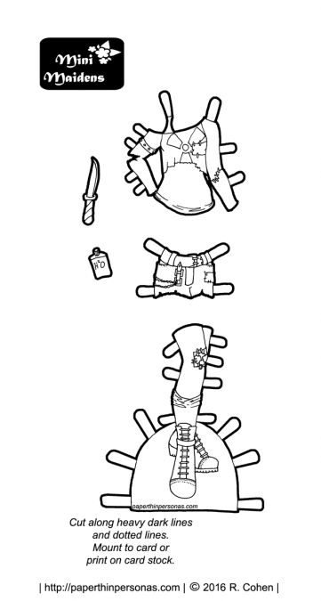 Post-apocalyptic fashion fun with a black and white paper doll fashion coloring page celebrating what to wear at the end of the world as we know it.