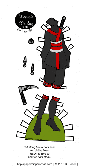 A paper doll ninja outfit for the Marisole Monday & Friends series. Free to print in color or black and white from paperthinpersonas.com