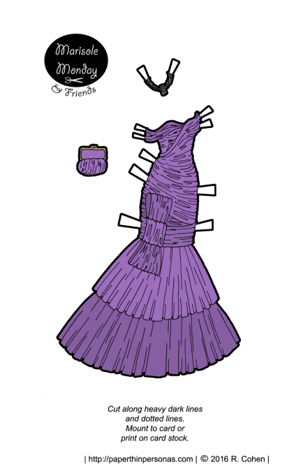 A purple ruched evening gown for the Marisole Monday and Friends paper doll series. Free to print in color or black and white.