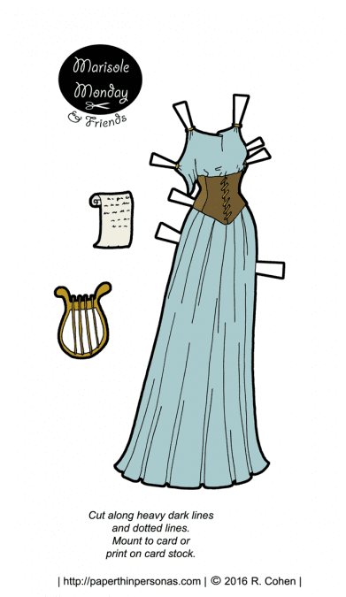 A ancient greek inspired paper doll fantasy gown with a corset and lute.
