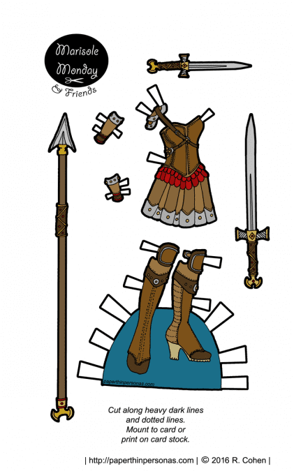 Absurd fantasy paper doll armor with weapons in black and white and color. From paperthinpersonas.com. 