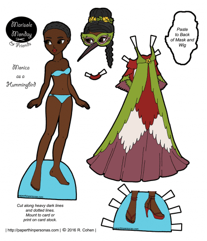 A beautiful hummingbird inspired masquerade dress and black paper doll to wear it from paperthinpersonas.com. Also available as a coloring page.