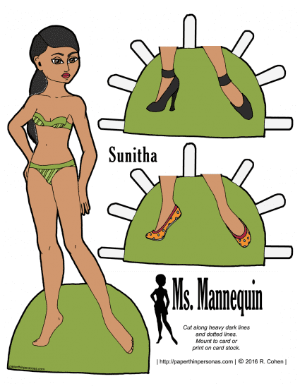 A free printable paper doll of a young woman named Sunitha in color or black and white.