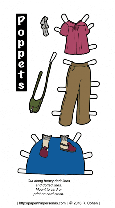 Poppet paper dolls are off exploring with her faithful bunny companion. Free paper doll clothes to print in color or black and white.