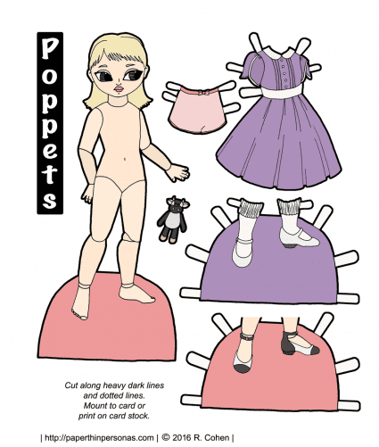 A vintage school girl blond printable paper doll with a dress, two pairs of shoes and a stuffed cow. Part of the Poppet series, she can share clothing with any of the other paper dolls in that series. 