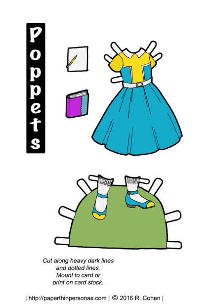 A yellow and teal paper doll dress inspired by vintage paper dolls like Betsy McCall