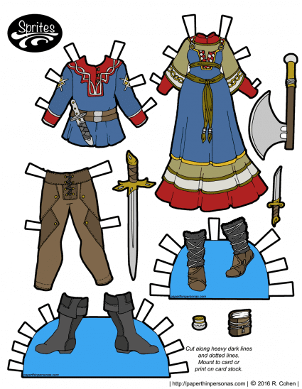 A pair of viking inspired fantasy outfits for the Sprites paper doll series, both for a male paper doll and a female paper doll. Also available in black and white for coloring