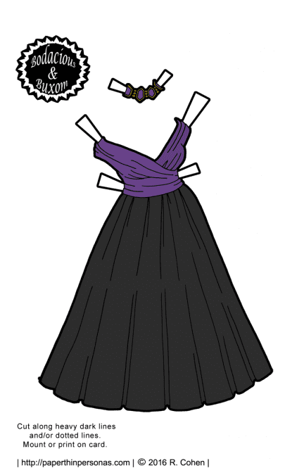 The B&B curvy paper dolls get to a New Years gown in color and black and white. Free printable paper doll gown from paperthinpersonas.com.