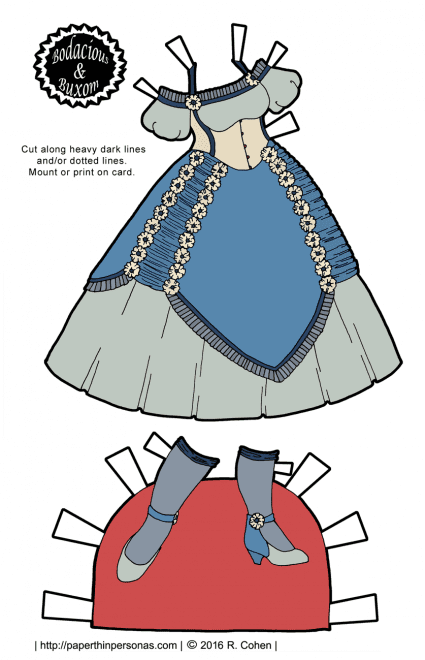 A Victorian corset ball gown for the Bodacious and Buxom curvy paper doll series from paperthinpersonas. Free to print in color or black and white.