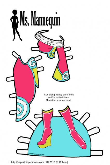 A bright and colorful set of cyberpunk paper doll clothing. Fits any of the Ms. Mannequin paper dolls. Download and print for free.