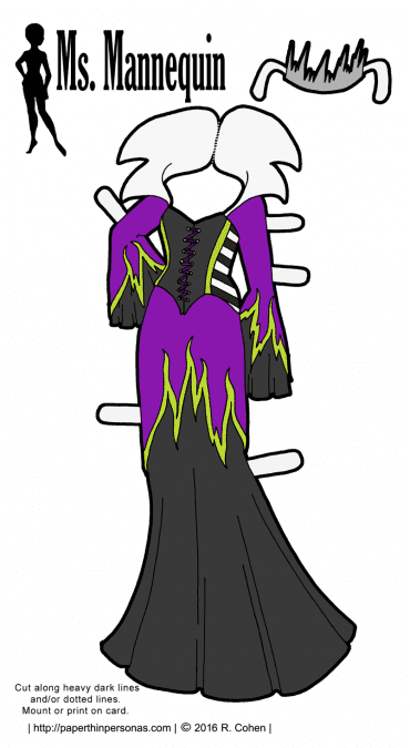 A purple, green and black evil sorceress gown for my printable paper dolls designed to fit the Ms. Mannequin paper doll series. Free to print in color or black and white.