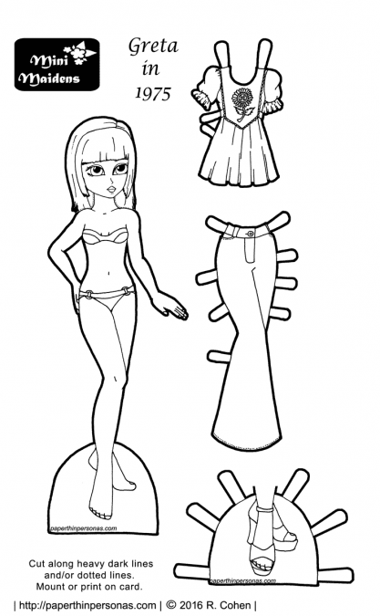 A black and white paper doll coloring page with 1970s fashions based on a vintage pattern cover. From paperthinpersonas.com