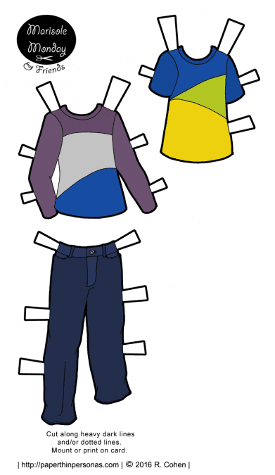 A pair of paper doll t-shirts and a pair of jeans for the boy printable paper dolls. Available in black and white or in color. Free to print from paperthinpersonas.com.