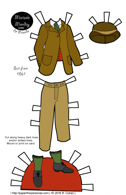A paper doll men's suit from 1861 featuring a cutaway coat and harvest colors. Free to print from paperthinpersonas.com.