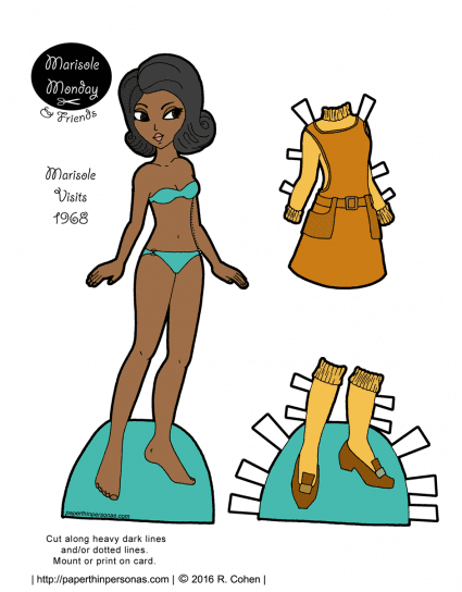 A free printable African-American paper doll with hair and a dress from 1968 from paperthinpersonas.com.