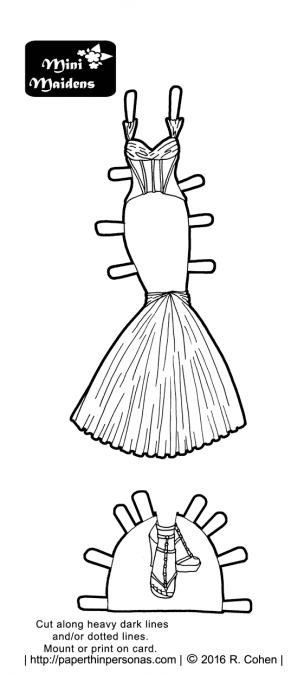 A New Years evening dress based on a design by Zac Posen. It could also be a wedding dress. Free to print and color from paperthinpersonas.com