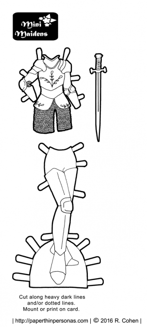 Fantasy women's armor for the Mini-Maiden printable paper doll series in black and white for coloring. Free to print from paperthinpersons.com.