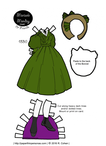 A green 1830s paper doll dress based on a fashion plate from 1830 with a matching bonnet and shoes from paperthinpersonas.com.