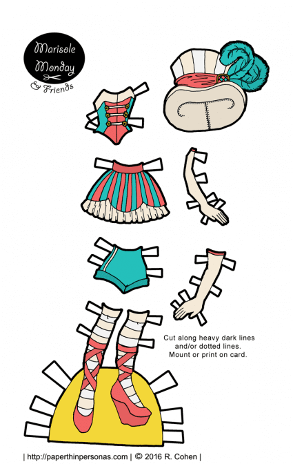 A paper doll circus costume in teal and pink. Free to print in color or black and white for coloring. 