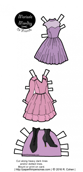 A pair of pastel paper doll cocktail dresses with some Victorian inspired lace up booties. Free to print from paperthinpersonas.com.
