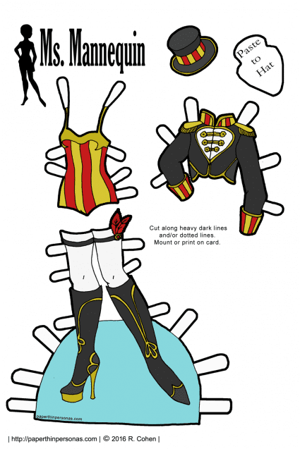 A circus inspired paper doll outfit for the Ms. Mannequin series from paperthinpersonas.com. Free to print in color or black and white.