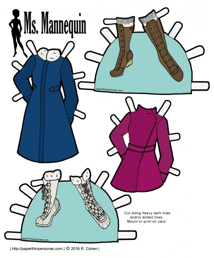 Paper dolls need warm clothing, too! Here are coats and boots for the Ms. Mannequin series. Free to print in black and white or in color from paperthinpersonas.com.